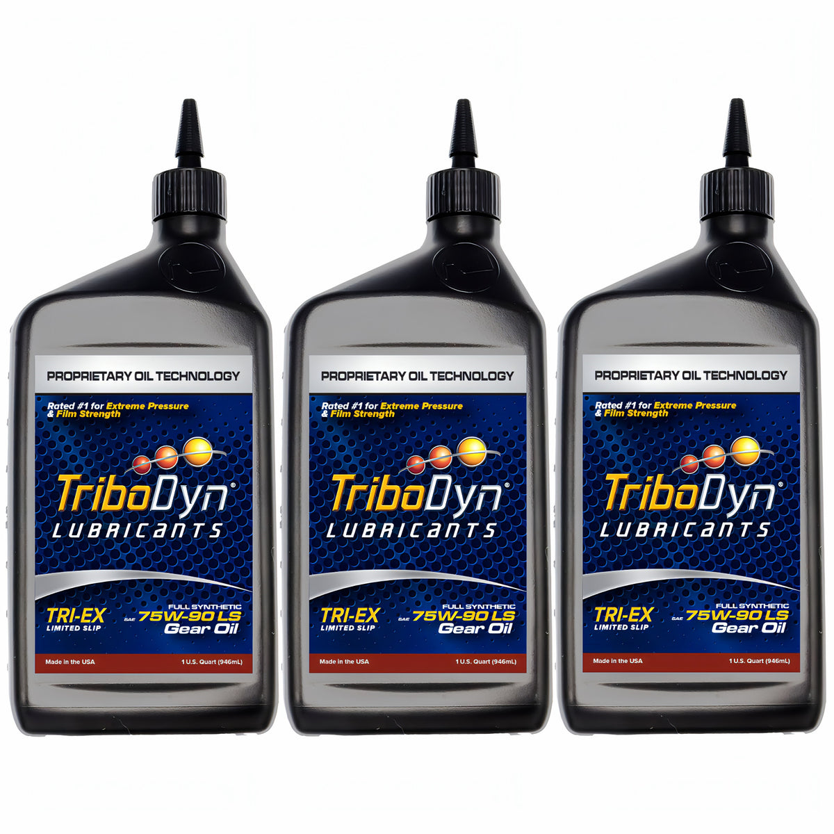 TriboDyn TRI-EX 75W-90 full synthetic limited slip gear oil, 3 one-quart bottles, front view