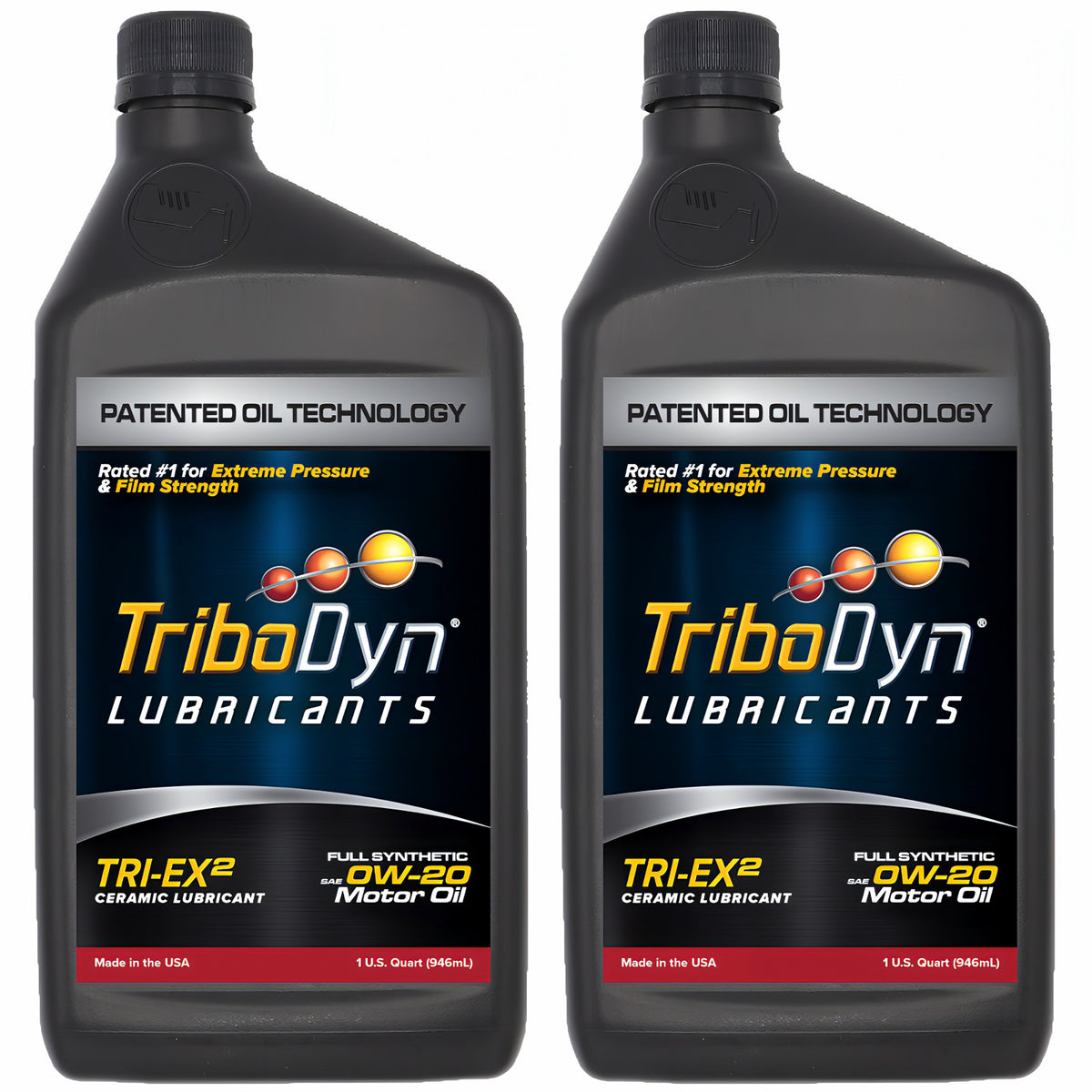 TriboDyn TRI-EX² 0W-20 full synthetic ceramic motor oil, 2 one-quart bottles, front view