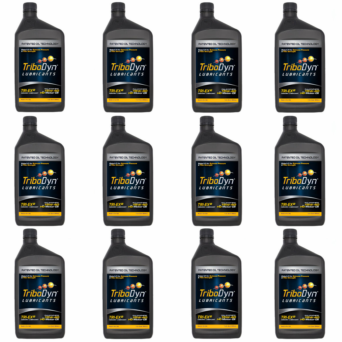 TriboDyn TRI-EX² 15W-40 full synthetic ceramic motor oil, 12 one-quart bottles, front view