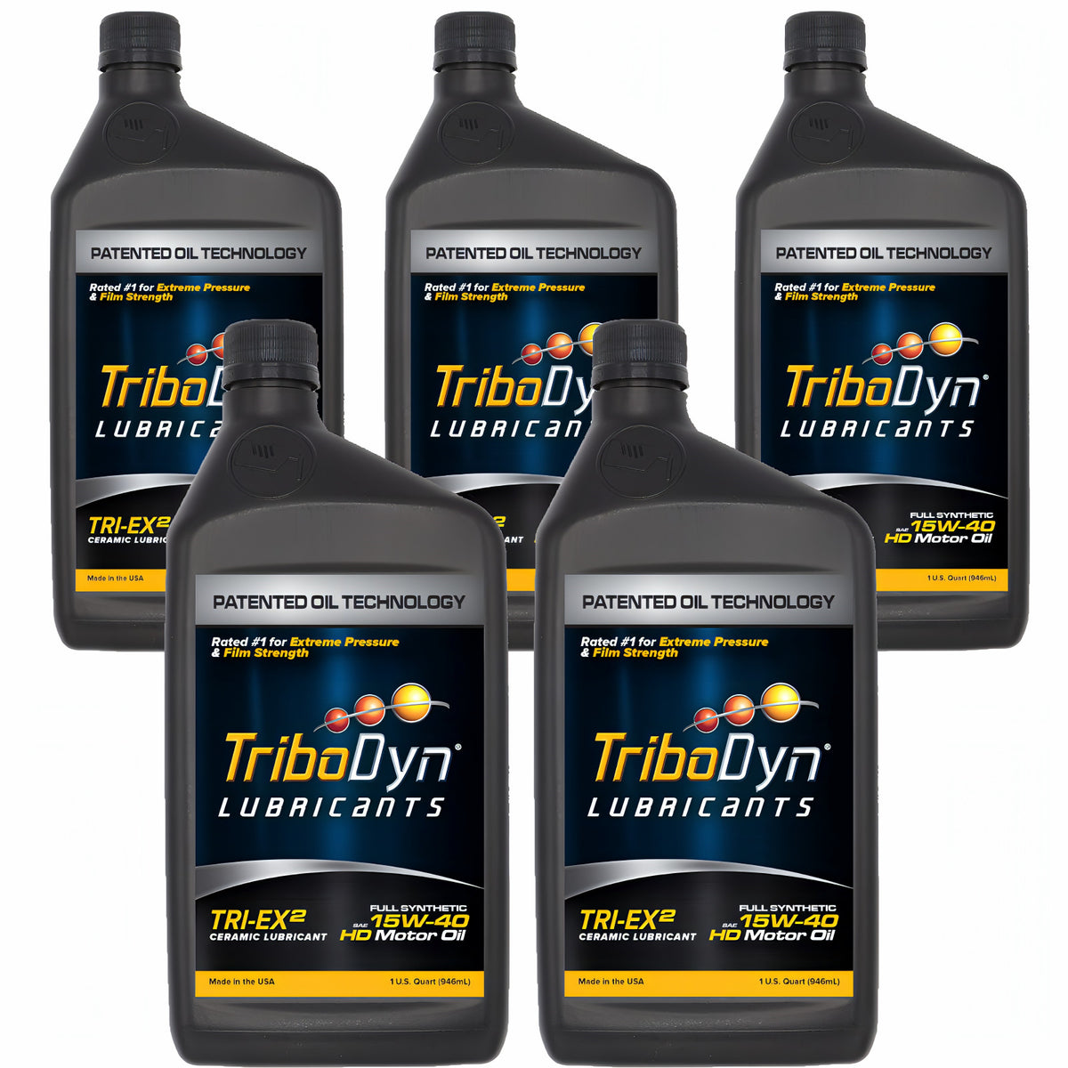 TriboDyn TRI-EX² 15W-40 full synthetic ceramic motor oil, 5 one-quart bottles, front view