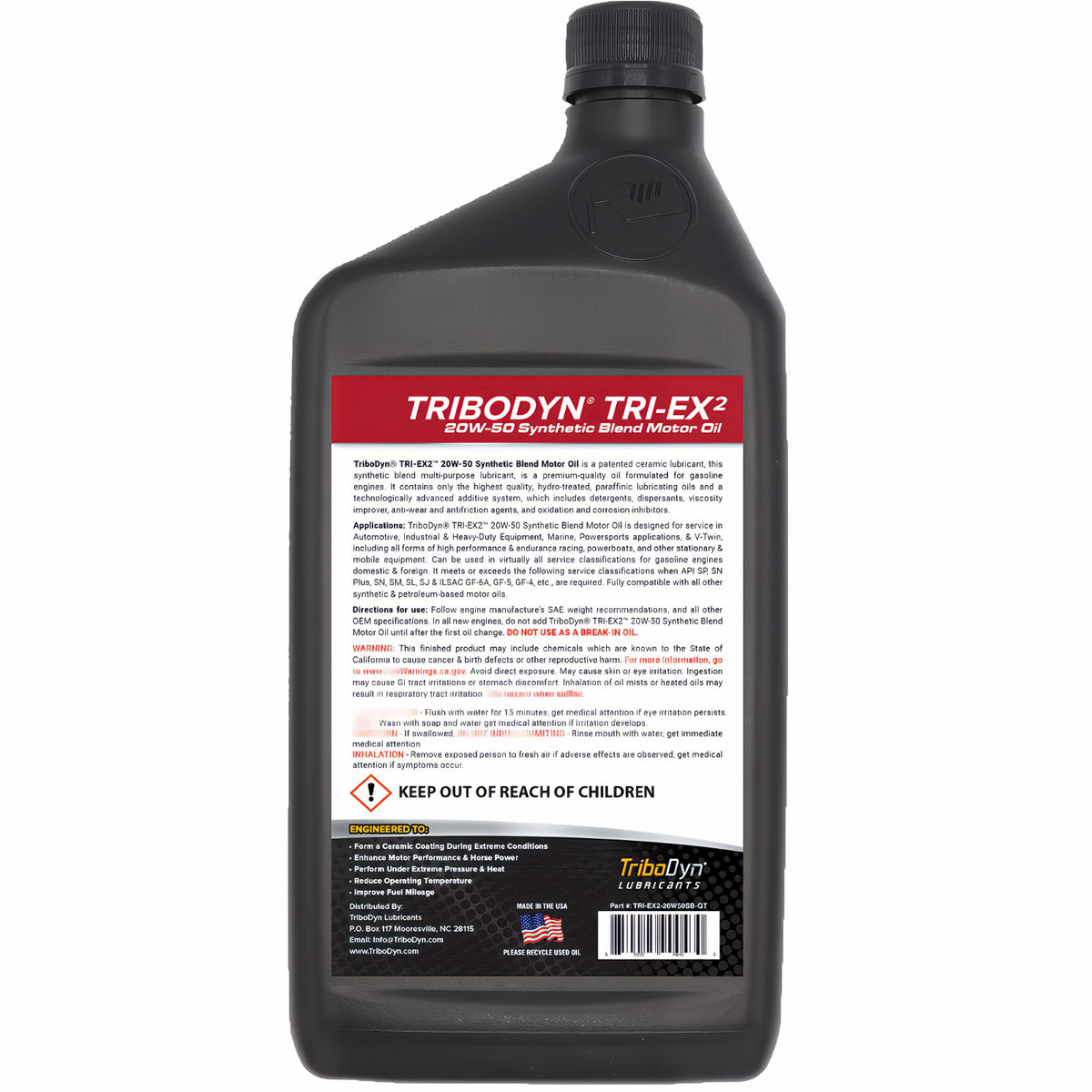 TriboDyn TRI-EX² 20W-50 synthetic blend ceramic motor oil, 1 one-quart bottle, back view