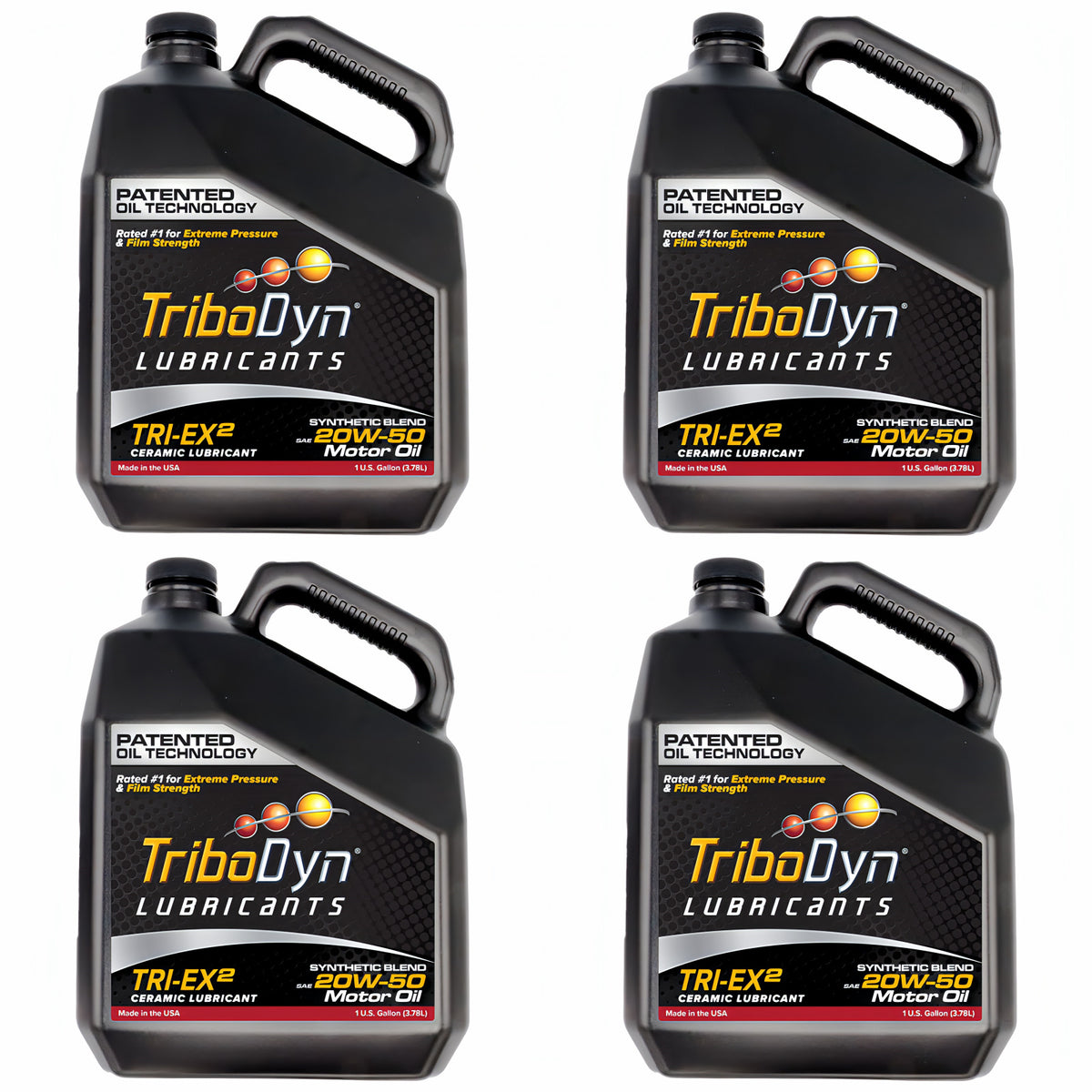 TriboDyn TRI-EX² 20W-50 synthetic blend ceramic motor oil, 4 one-gallon jugs, front view