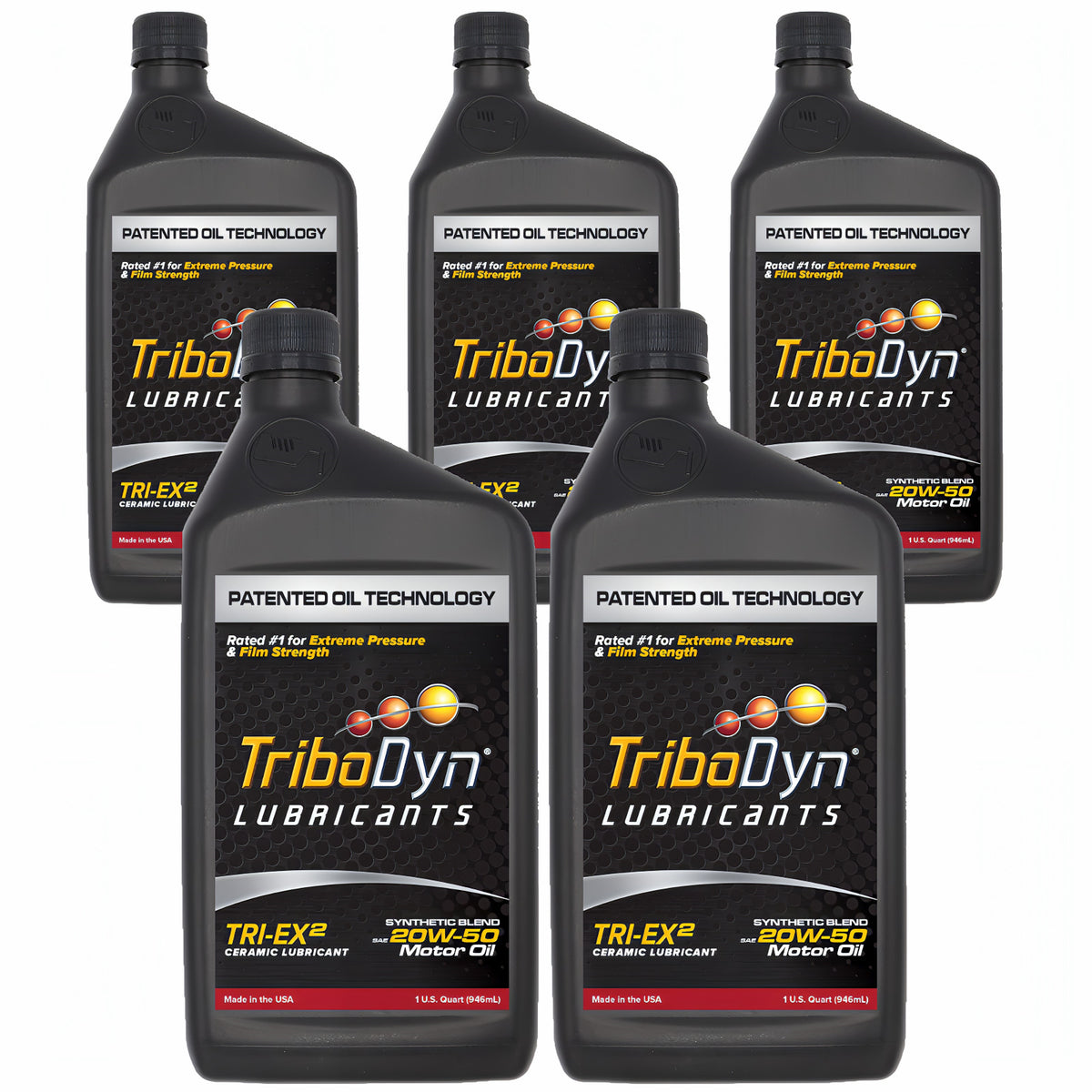 TriboDyn TRI-EX² 20W-50 synthetic blend ceramic motor oil, 5 1 one-quart bottles, front view
