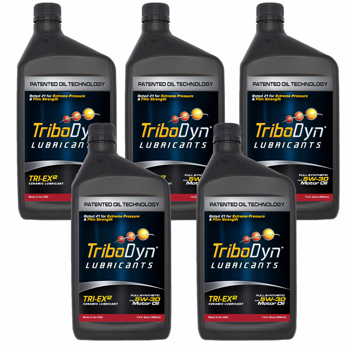 TriboDyn TRI-EX² 5W-30 full synthetic ceramic motor oil, 5 one-quart bottles, front view