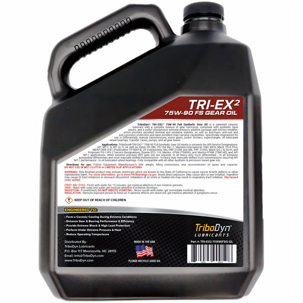 TriboDyn TRI-EX² 75W-90 full synthetic ceramic gear oil, 1 one-gallon jug, back view