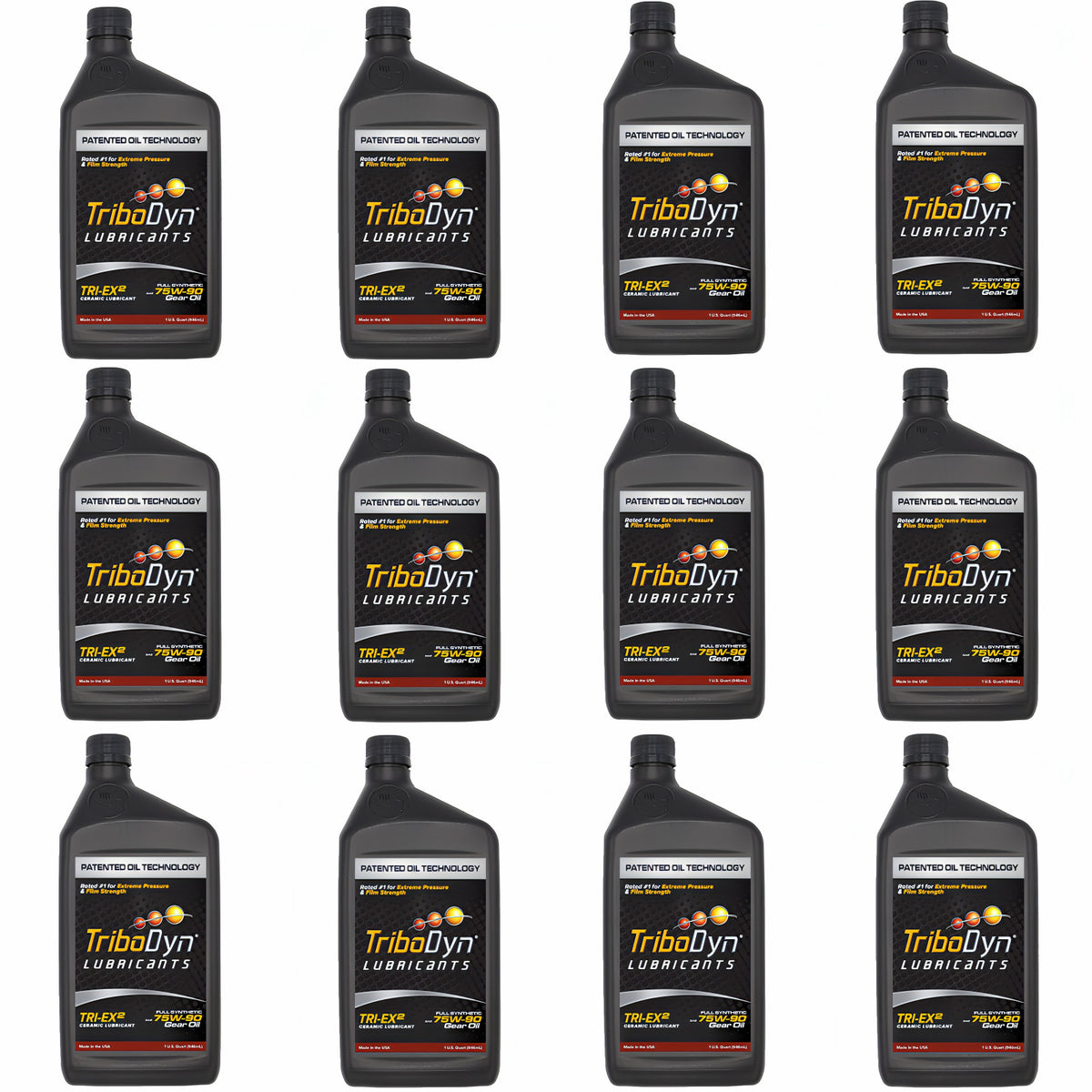 TriboDyn TRI-EX² 75W-90 full synthetic ceramic gear oil, 12 one-quart bottles, front view