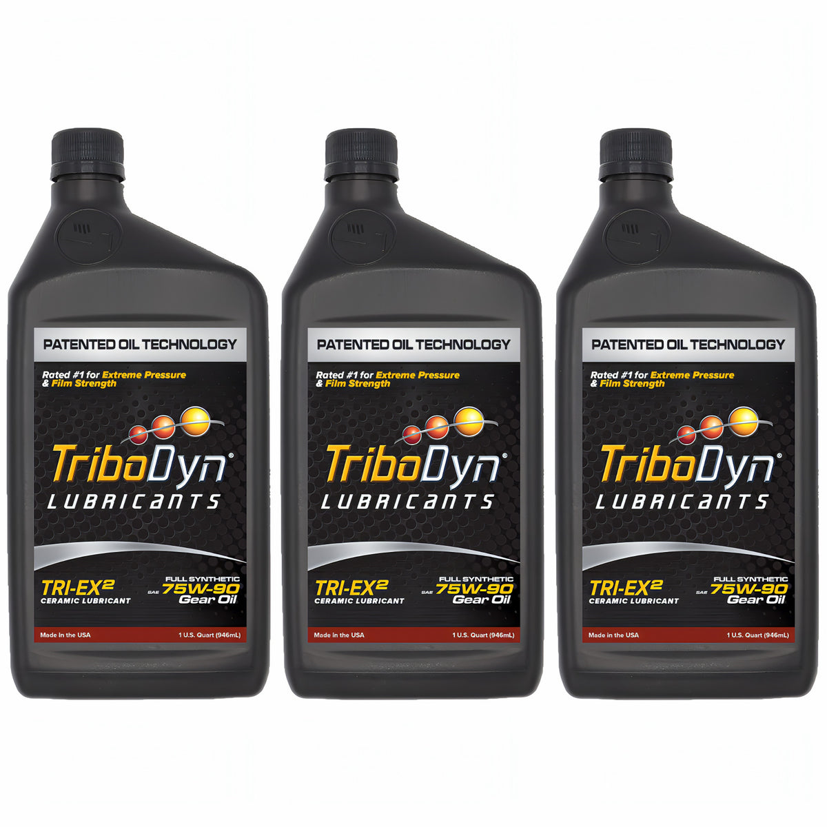 TriboDyn TRI-EX² 75W-90 full synthetic ceramic gear oil, 3 one-quart bottles, front view
