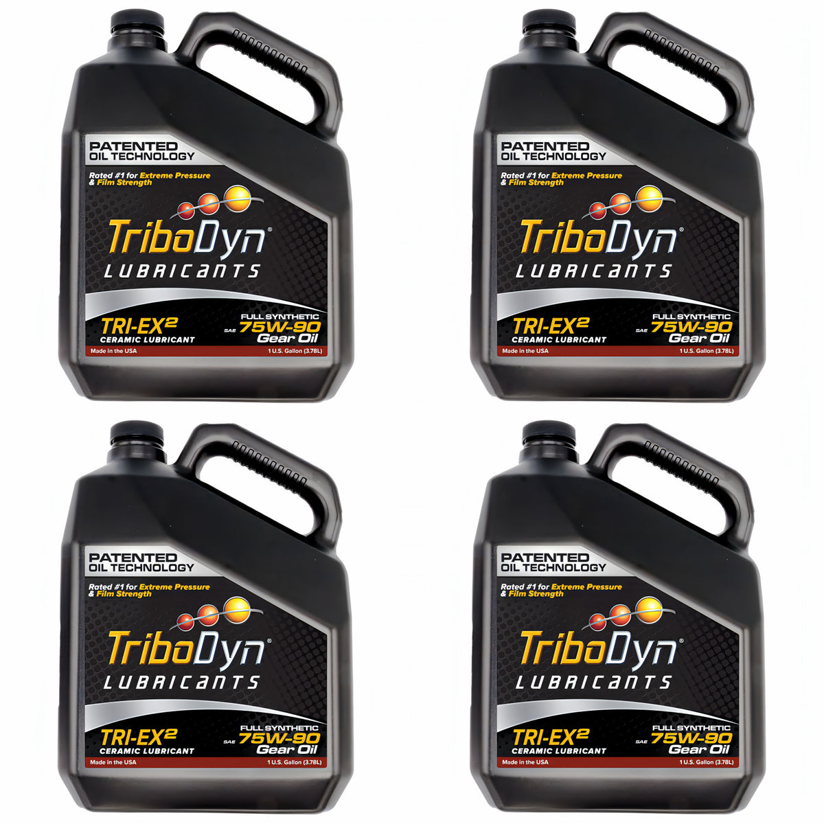 TriboDyn TRI-EX² 75W-90 full synthetic ceramic gear oil, 4 one-gallon jugs, front view