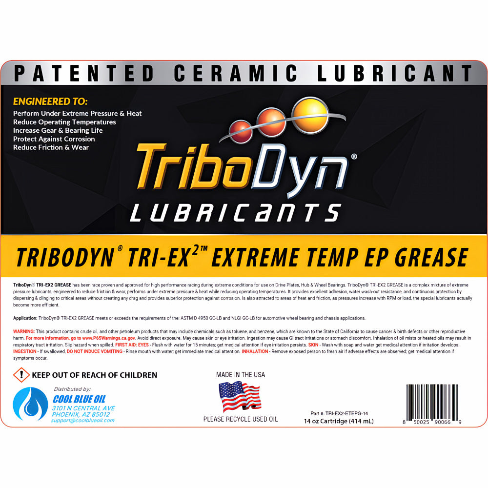 TriboDyn TRI-EX2 Extreme Temp & EP Grease detailed label – patented ceramic lubricant engineered for extreme pressure, heat, corrosion protection and reduced friction & wear