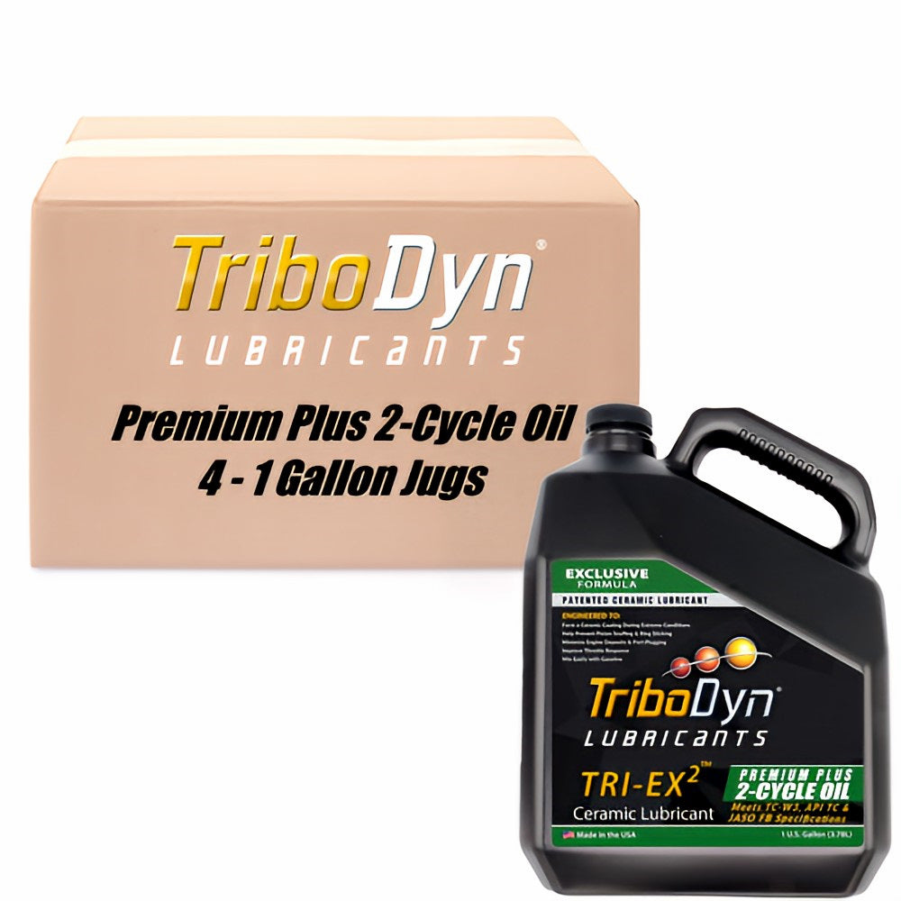 TriboDyn TRI-EX2 Premium Plus 2-Cycle Oil case of 4 × 1 gallon jugs – patented ceramic lubricant 2-cycle engine oil meets TC-W3, API TC & JASO FB