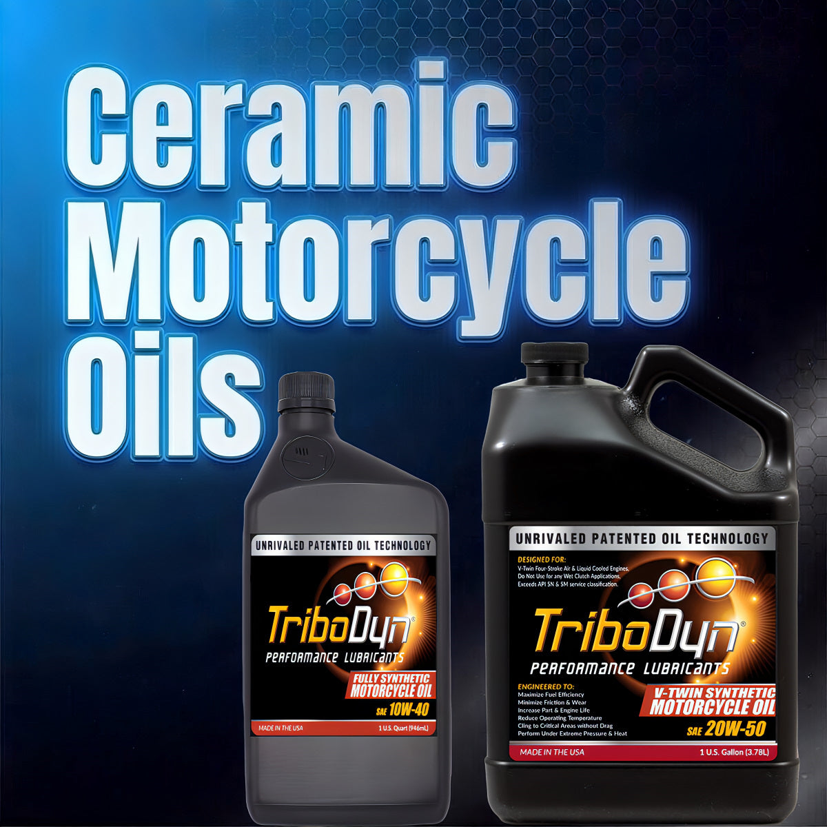 TriboDyn Full Synthetic Motorcycle Oils featuring ceramic coating in 10W40 and 20W50 JASO MA2 and VTWIN formulas.