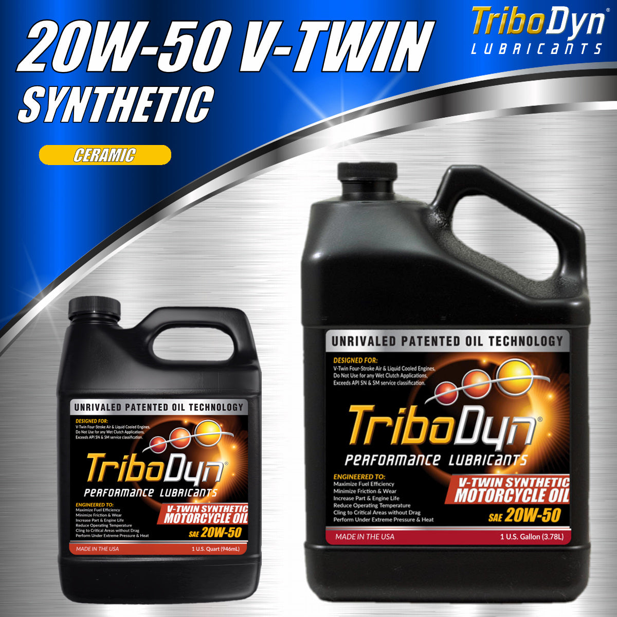 TriboDyn Synthetic 20W50 VTwin Motorcycle Oil with Ceramic Coating - CoolBlueOil.com