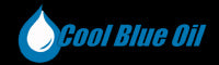 White Oil Droplet with blue outline and the words CoolBlueOil written in blue on a back background