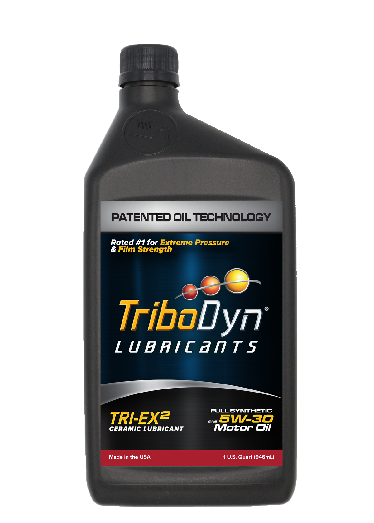 TriboDyn TRI-EX² 5W-30 full synthetic ceramic motor oil, one-quart bottle, front view