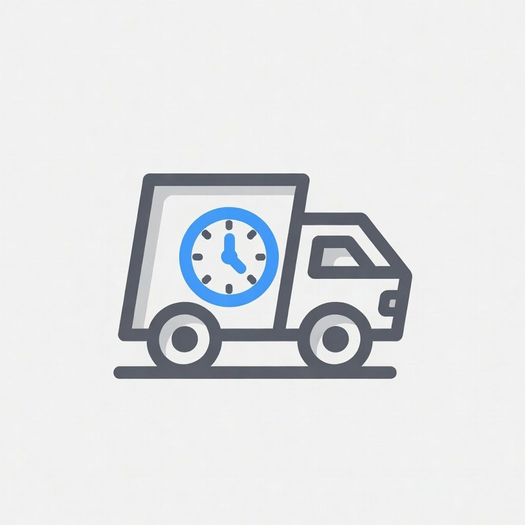 Delivery truck icon with clock representing fast same-day shipping on TriboDyn compressor oil orders placed by 2:30 pm Eastern Time