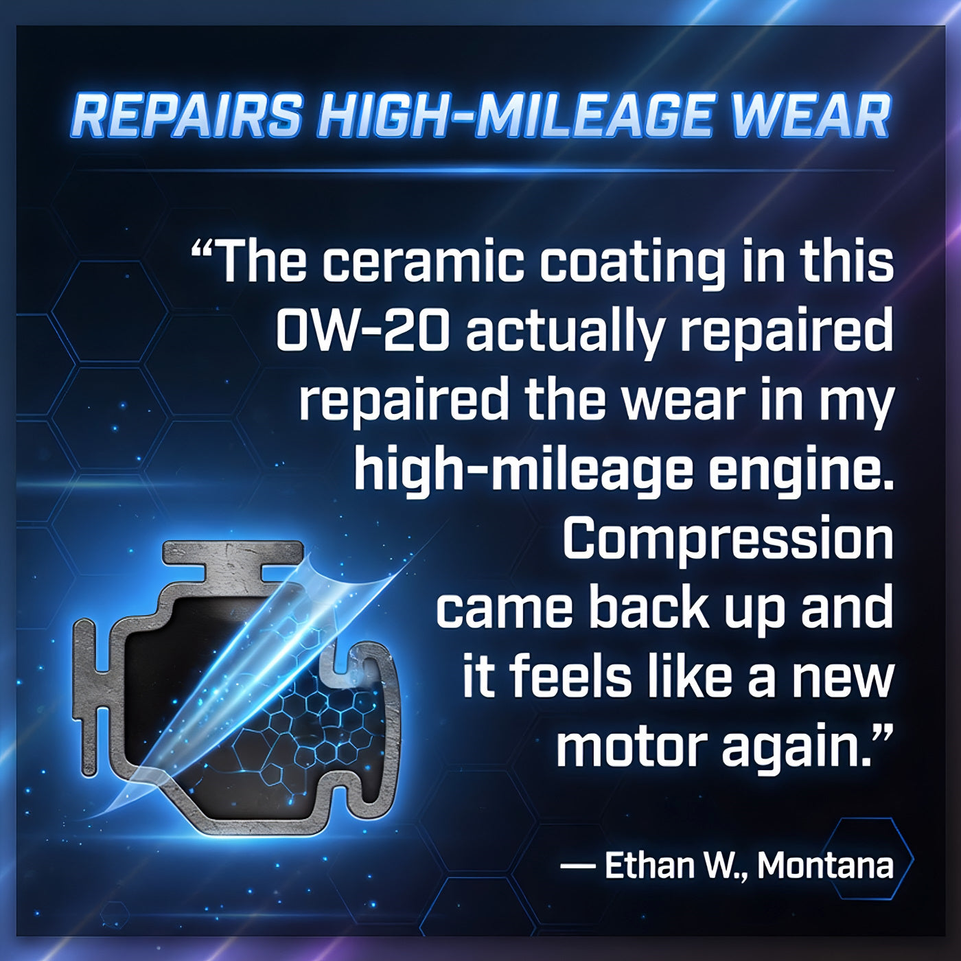 Customer review of TriboDyn TRI-EX² 0W-20 Full Synthetic Motor Oil repairing high-mileage wear