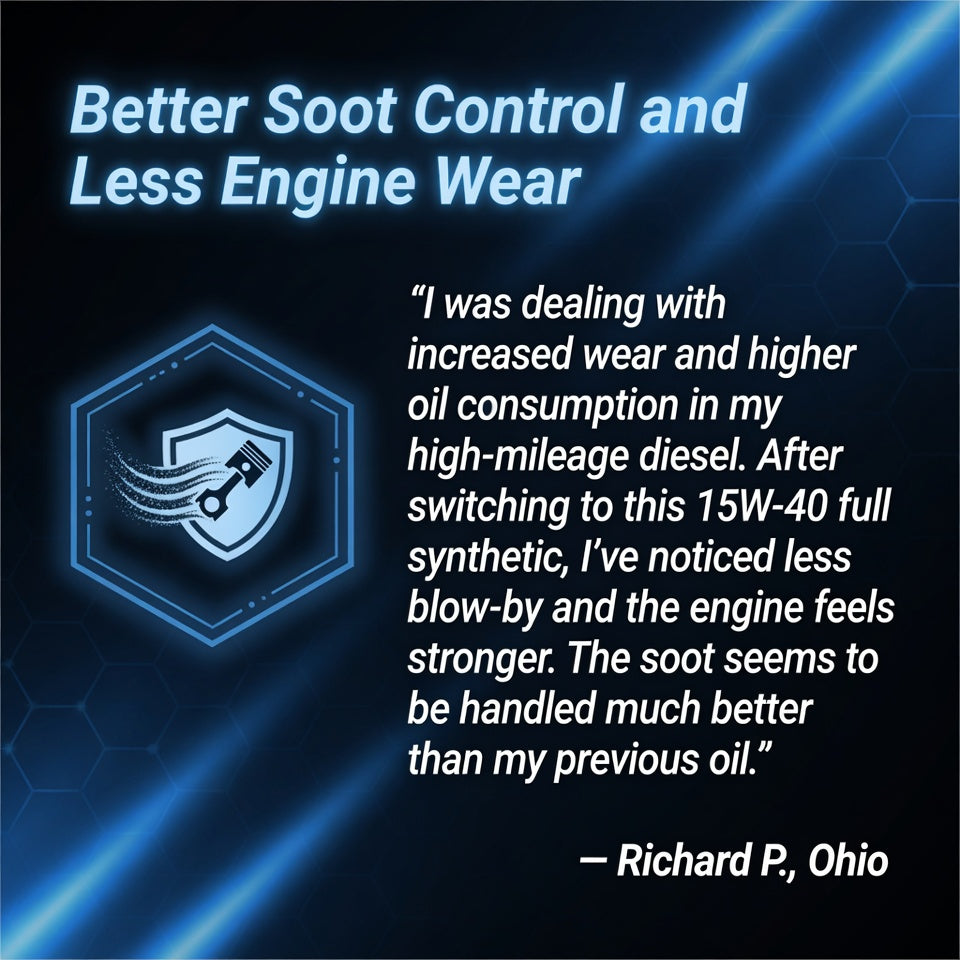 Customer review of TriboDyn TRI-EX² 15W-40 Full Synthetic Heavy Duty Motor Oil – improved soot control and reduced engine wear in high-mileage diesel