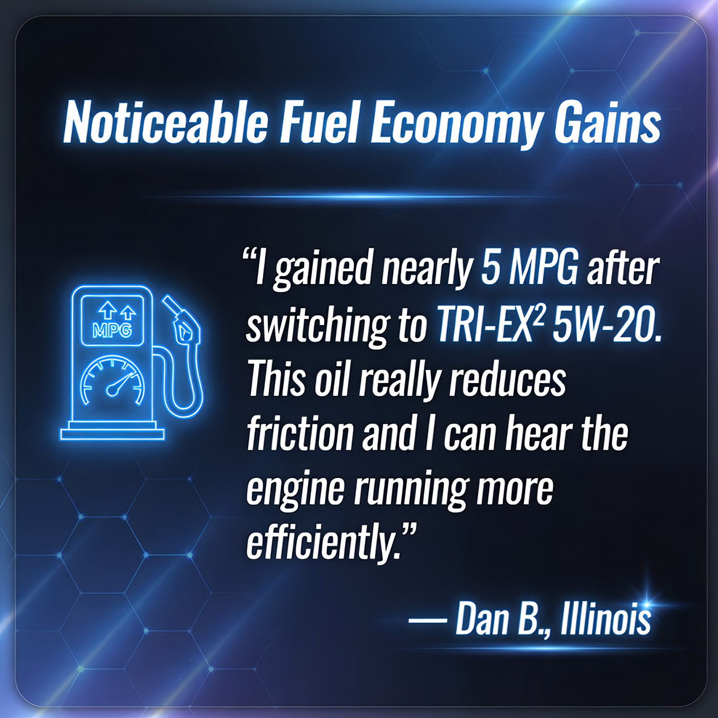 Customer review of TriboDyn TRI-EX² 5W-20 Full Synthetic Motor Oil noticeable fuel economy gains