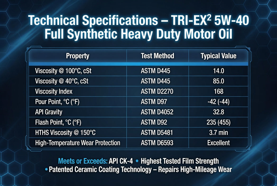 TriboDyn TRI-EX² 5W-40 Full Synthetic Heavy Duty Motor Oil technical specifications and performance data including viscosity, pour point, highest tested film strength, and patented ceramic coating technology
