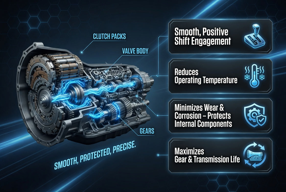 TriboDyn TRI-EX Full Synthetic Multi-Vehicle ATF key benefits – smooth positive shifts, reduced operating temperature, minimized wear and corrosion, and maximum transmission life