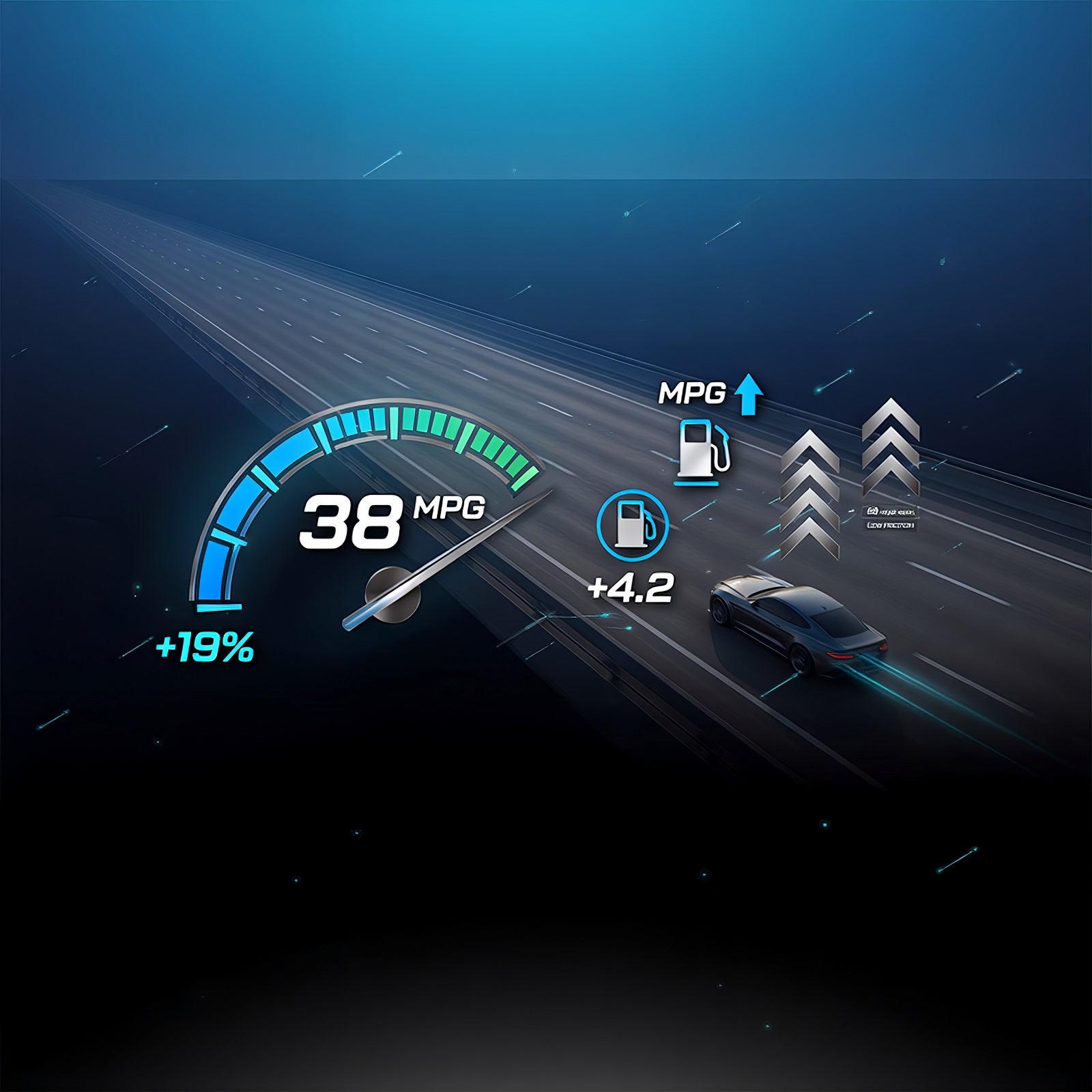 TriboDyn better fuel mileage – open highway with upward trending fuel gauge showing improved MPG and efficiency