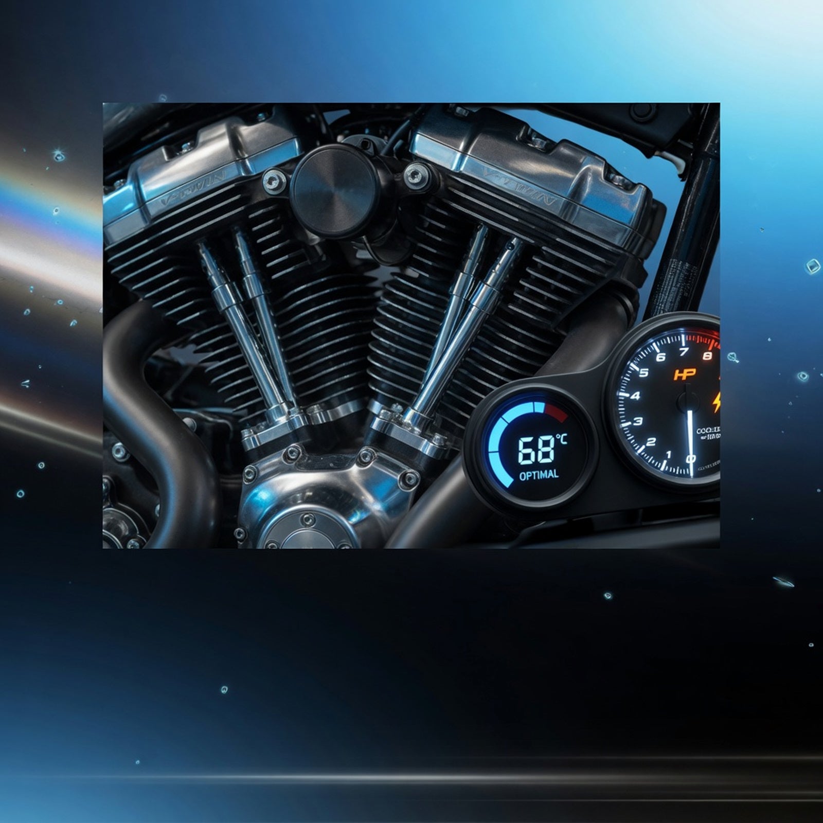 TriboDyn cooler running motorcycle engine – air-cooled V-twin engine with low temperature gauge and power symbols showing reduced heat and increased performance