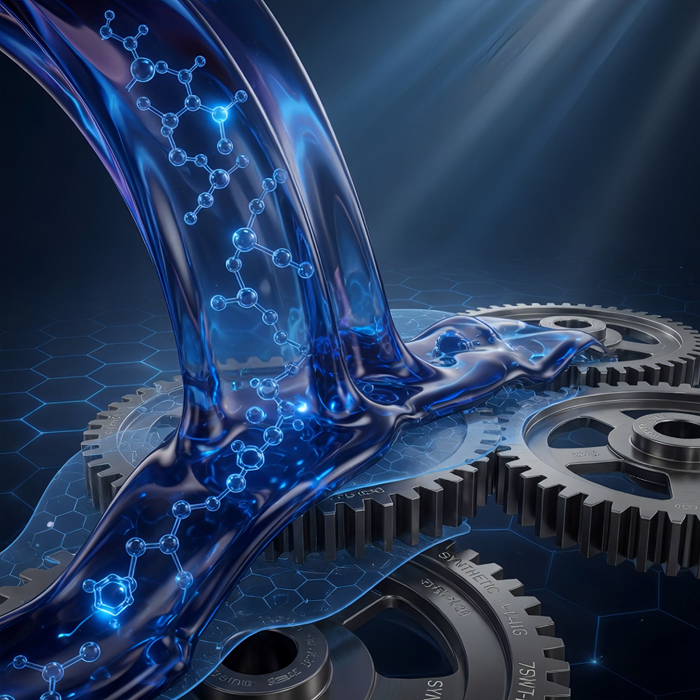 TriboDyn Tri-Ex² premium full synthetic gear oils with advanced additive technology and glowing protective film on precision gears