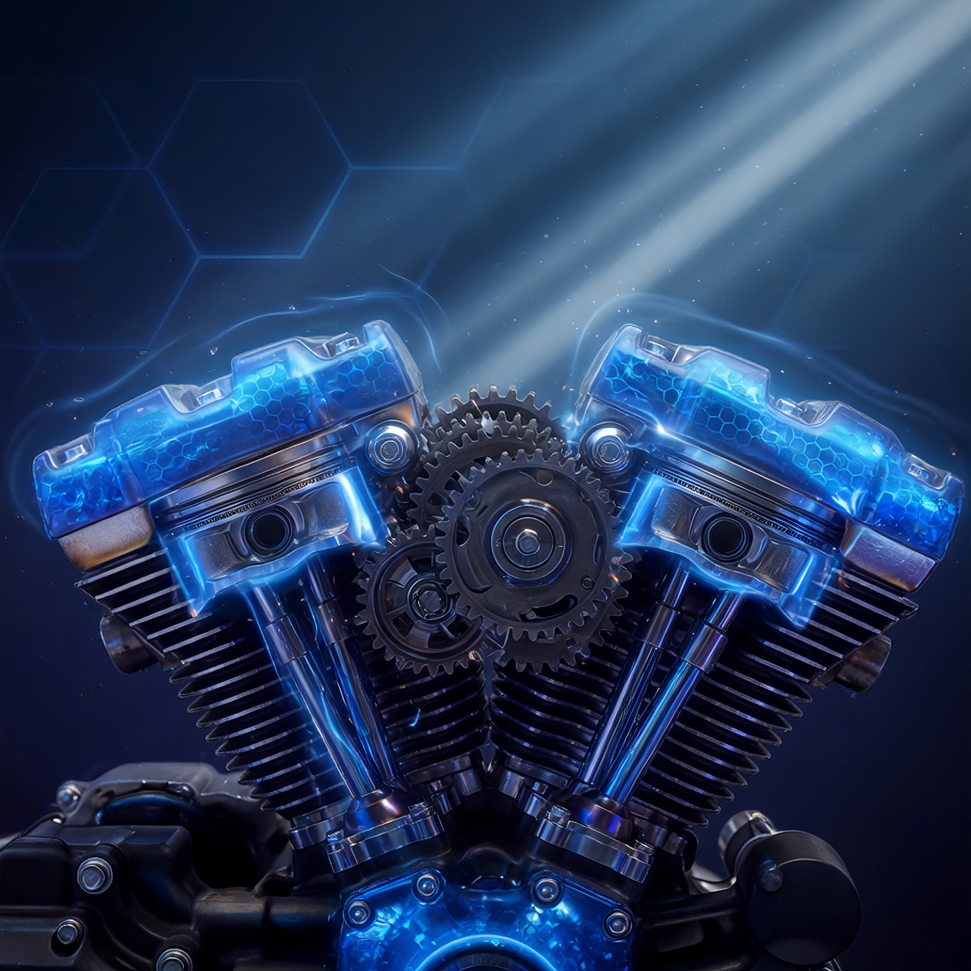 TriboDyn TRI-EX² motorcycle oils with patented ceramic technology forming a protective glowing blue film on V-Twin engine internals for reduced friction and wear