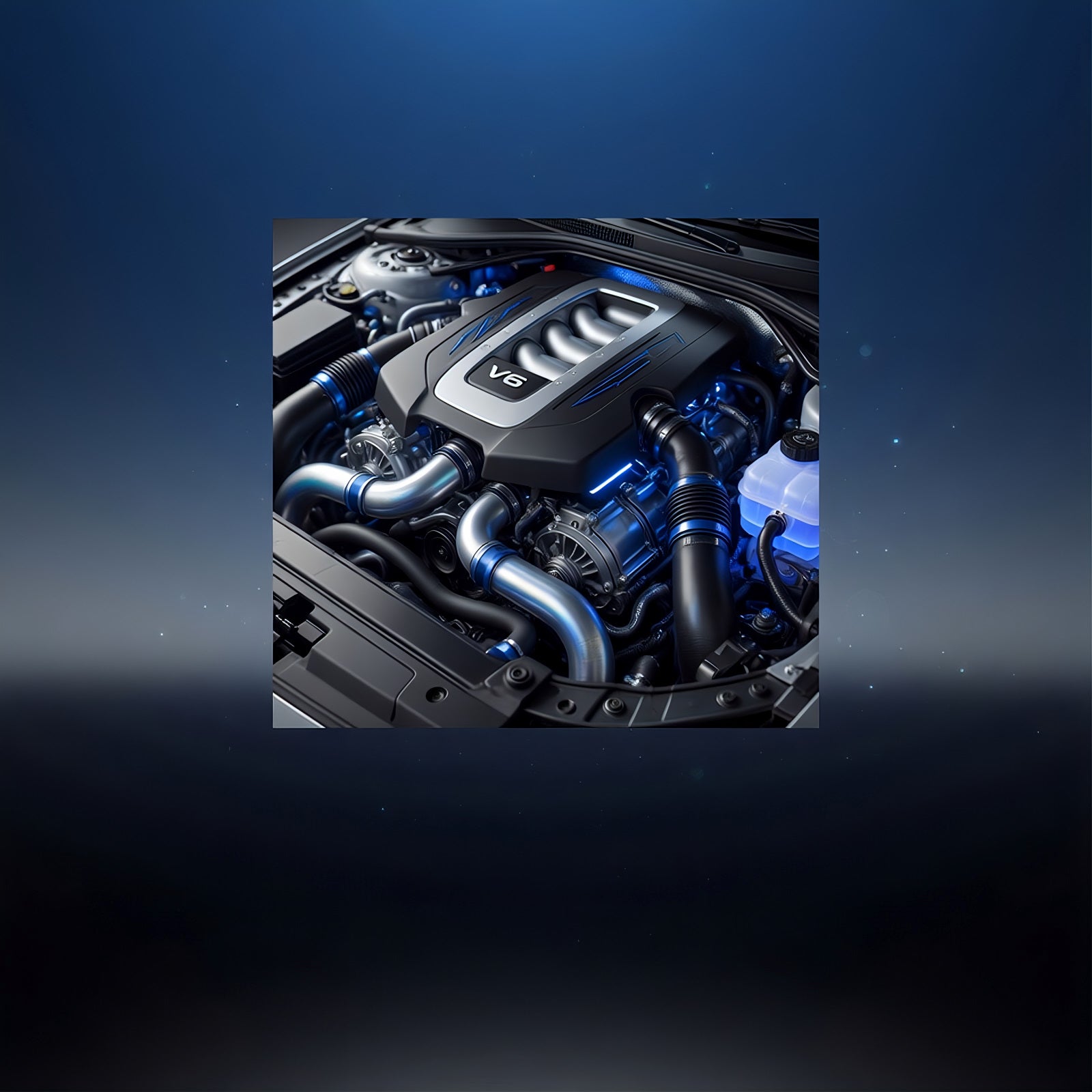 TriboDyn quieter engine – smooth modern car engine with soft blue glow showing dramatically reduced noise and vibration