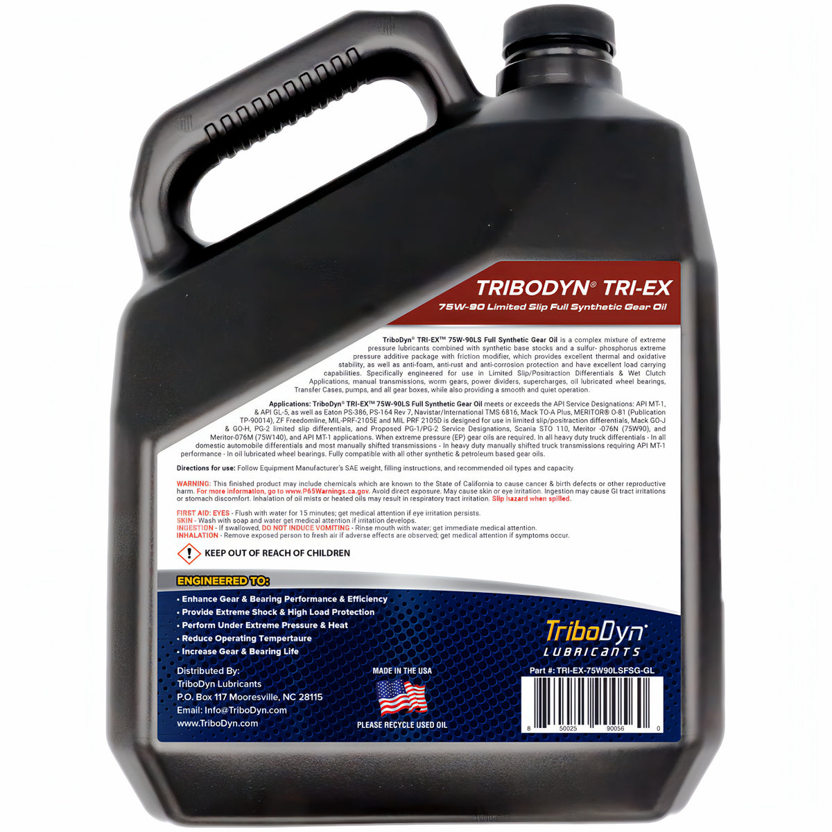 TriboDyn TRI-EX 75W-90 full synthetic limited slip gear oil, 1 one-gallon jug, back view