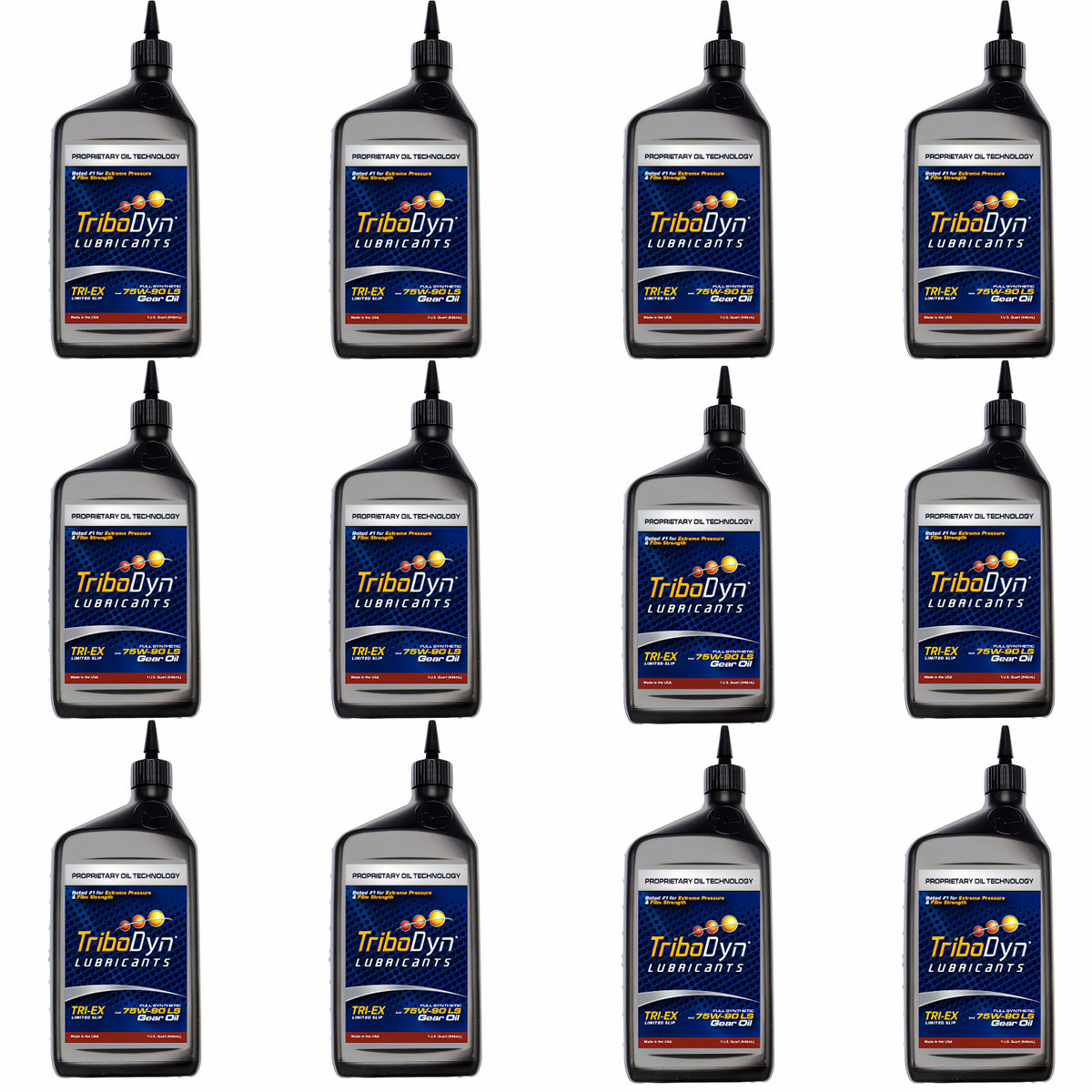 TriboDyn TRI-EX 75W-90 full synthetic limited slip gear oil, 12 one-quart bottles, front view
