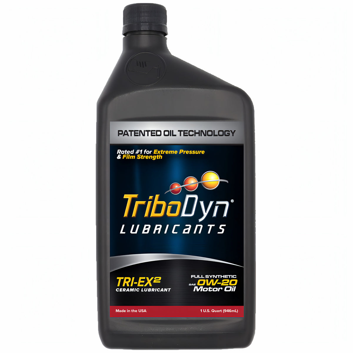 TriboDyn TRI-EX² 0W-20 full synthetic ceramic motor oil, 1 one-quart bottle, front view