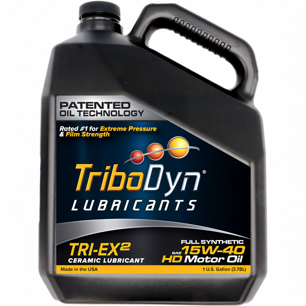 TriboDyn TRI-EX² 15W-40 full synthetic ceramic motor oil, 1 one-gallon jug, front view