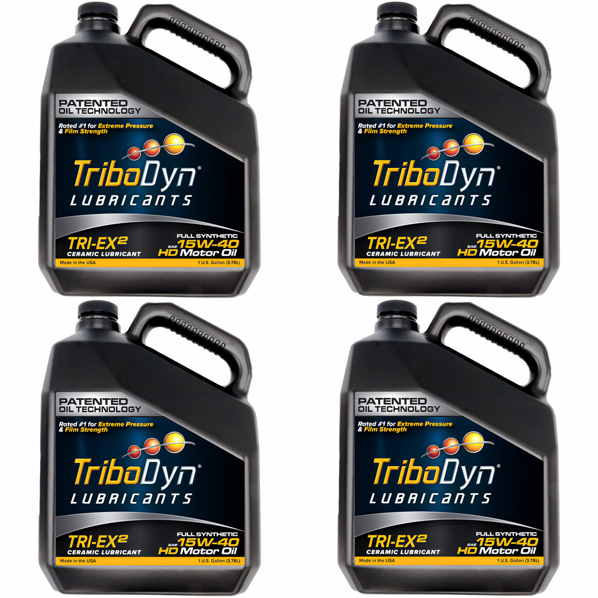 TriboDyn TRI-EX² 15W-40 full synthetic ceramic motor oil, 4 one-gallon jugs, front view