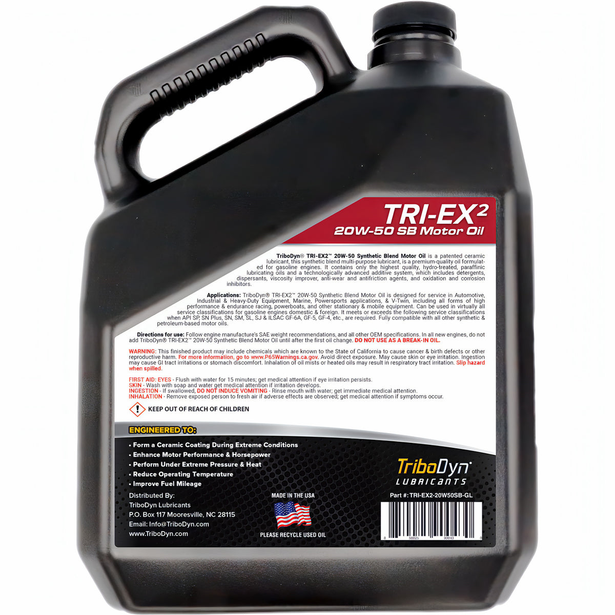 TriboDyn TRI-EX² 20W-50 synthetic blend ceramic motor oil, 1 one-gallon jug, back view