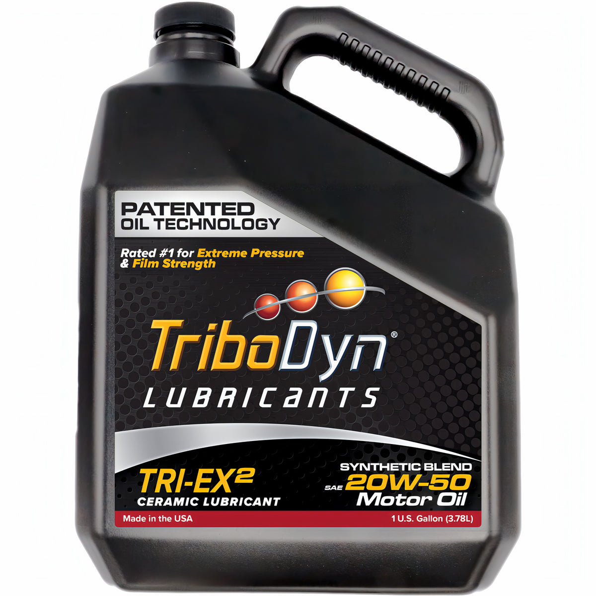 TriboDyn TRI-EX² 20W-50 synthetic blend ceramic motor oil, 1 one-gallon jug, front view