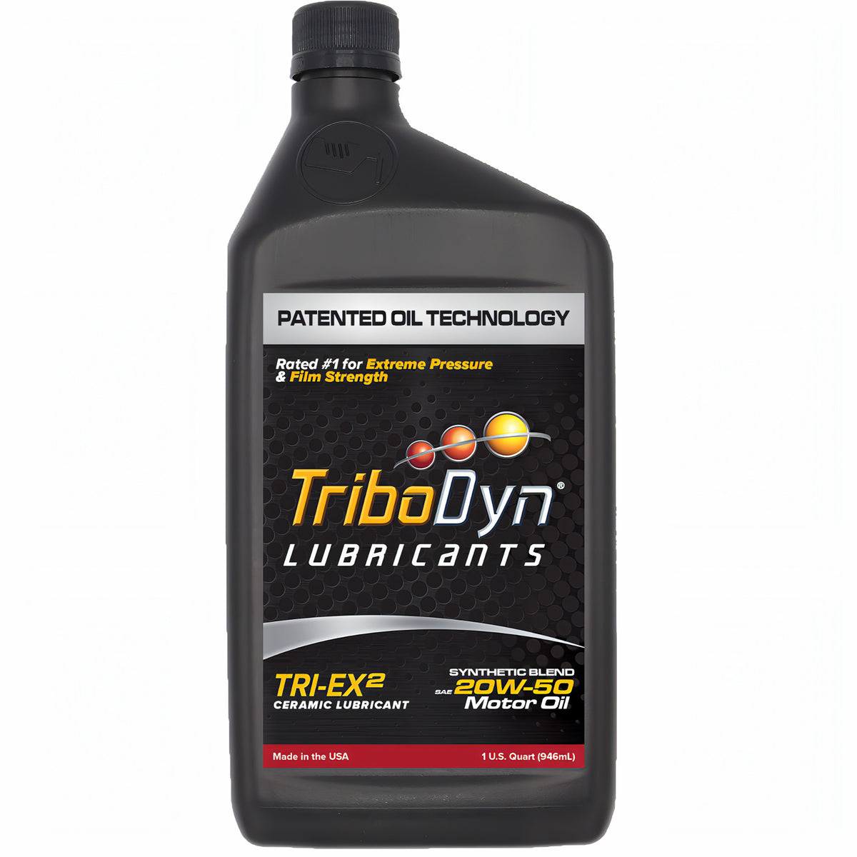 TriboDyn TRI-EX² 20W-50 synthetic blend ceramic motor oil, 1 one-quart bottle, front view