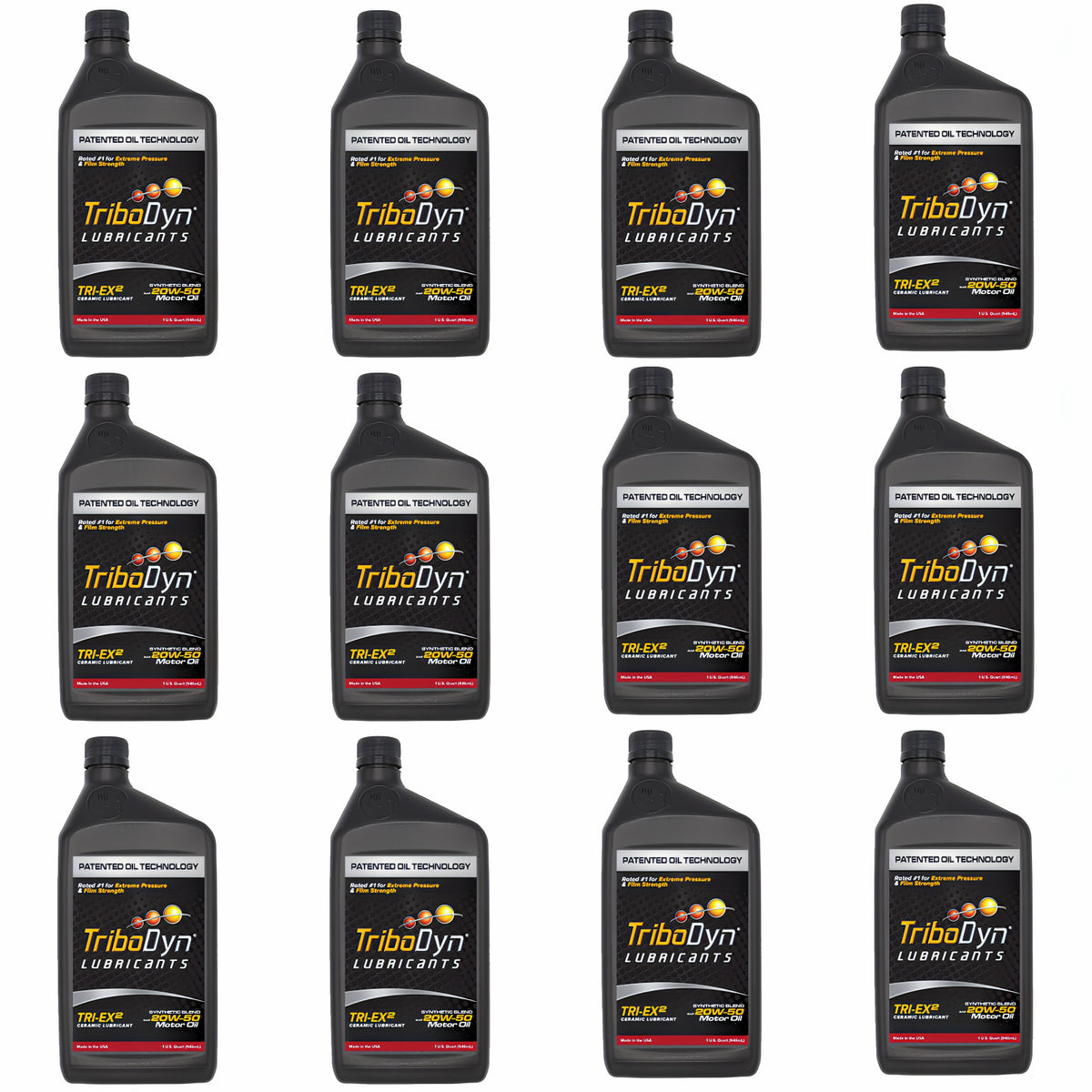 TriboDyn TRI-EX² 20W-50 synthetic blend ceramic motor oil, 12 1 one-quart bottles, front view
