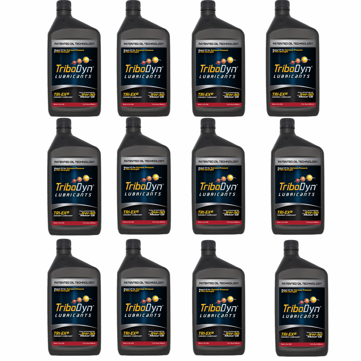 TriboDyn TRI-EX² 5W-30 full synthetic ceramic motor oil, case of 12 one-quart bottles, front view