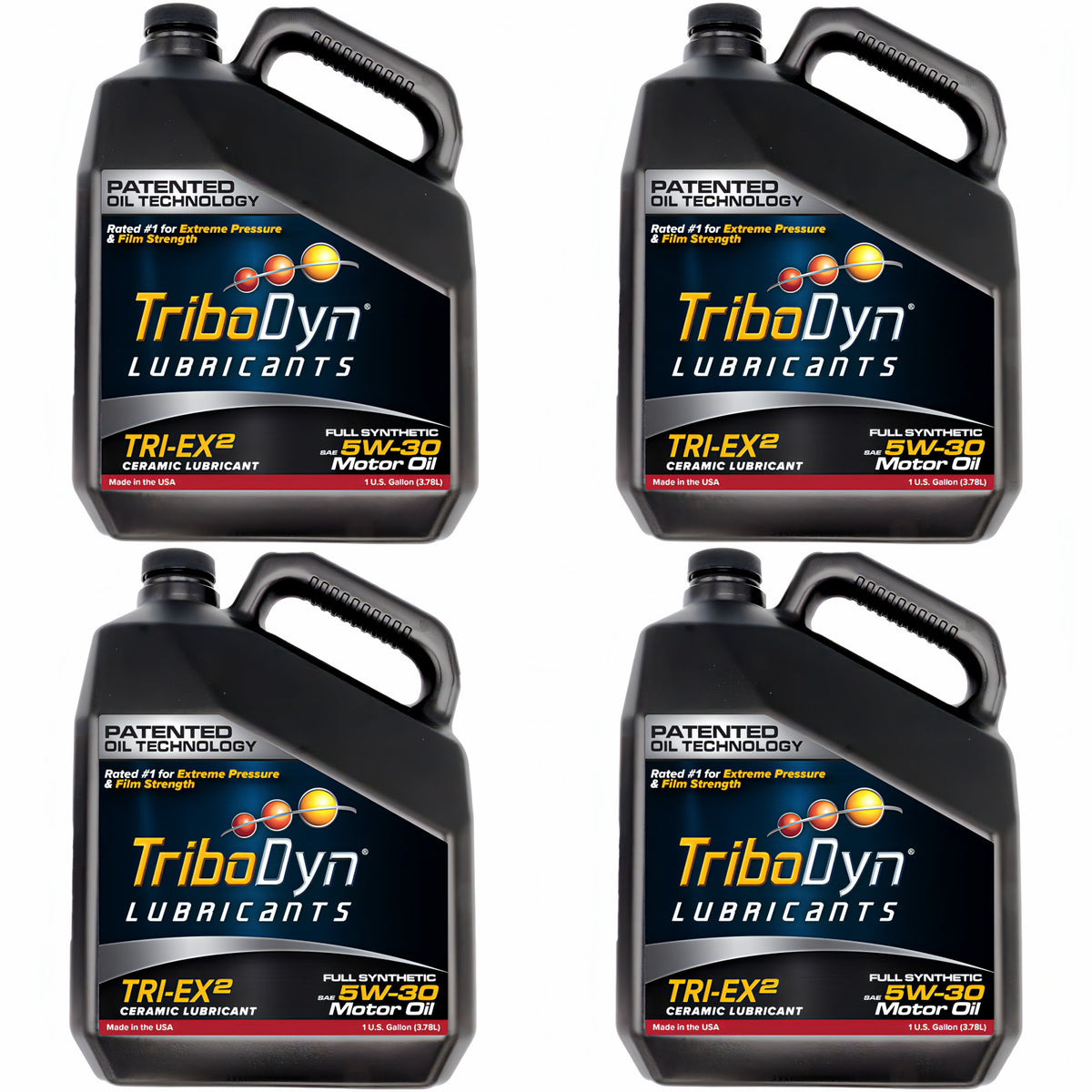 TriboDyn TRI-EX² 5W-30 full synthetic ceramic motor oil, 4 1 gallon jugs, front view