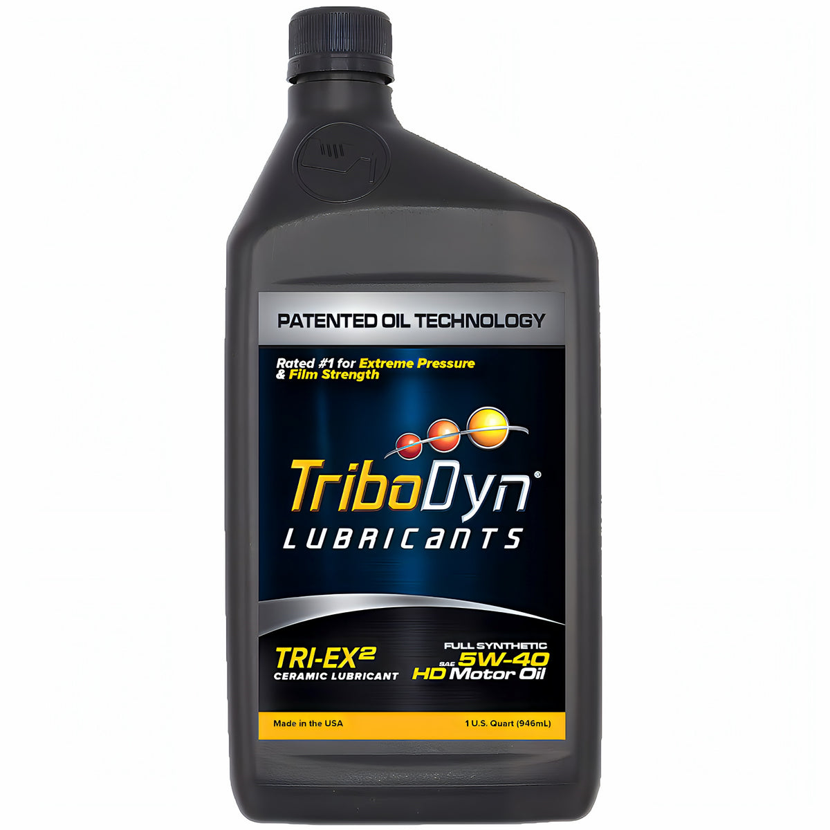 A 1 Qt (946 mL) bottle of Tribodyn Lubricants Tri-Ex2 All-Weather 5W-40 HD Motor Oil, shown on a solid white background.