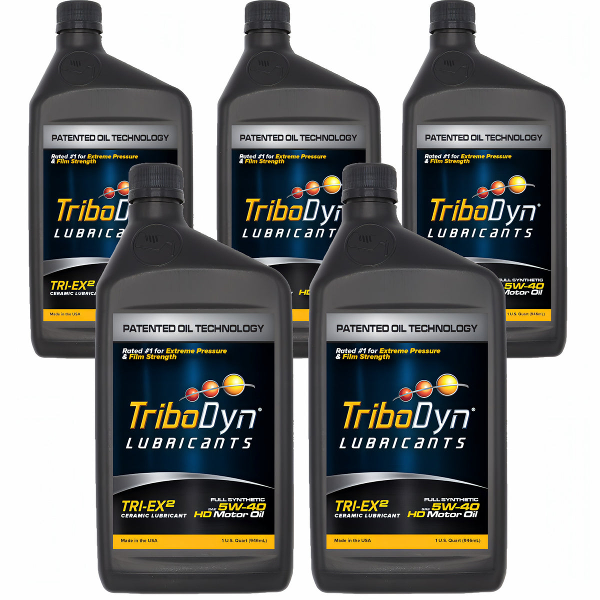 TriboDyn TRI-EX² 5W-40 full synthetic ceramic motor oil, 5 one-quart bottles, front view