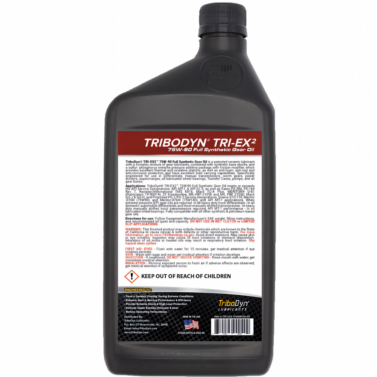 TriboDyn TRI-EX² 75W-90 full synthetic ceramic gear oil, 1 one-quart bottle, back view