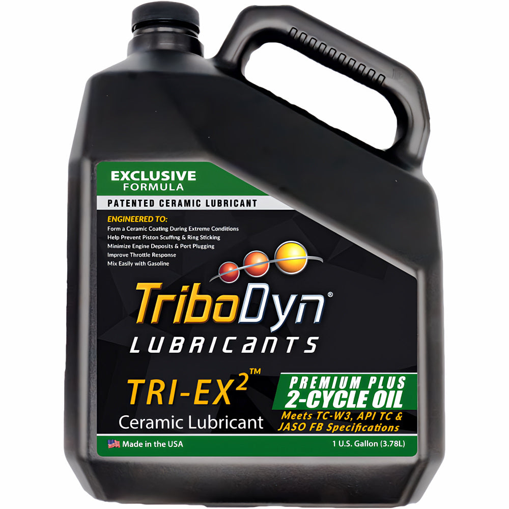 TriboDyn TRI-EX2 Premium Plus 2-Cycle Oil 1 gallon jug – patented ceramic lubricant 2-cycle engine oil meets TC-W3, API TC & JASO FB